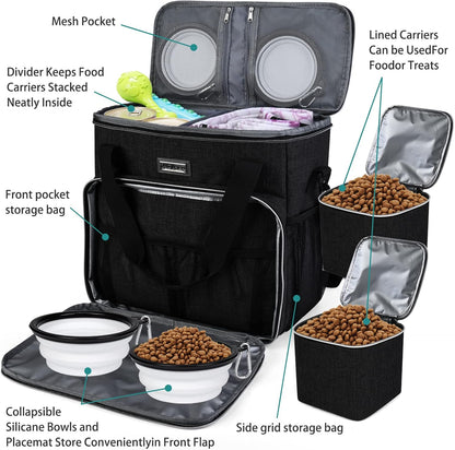 Dog Travel Bag, Pet Travel Bag（All Pet Travel Supplies）, with 2 Pet Food Containers and 2 Collapsible Silicone Bowls; Essential Kits for Pet Travel Black